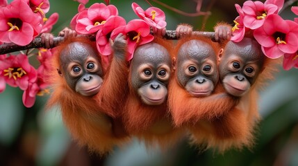 Obraz premium Three baby orangutans cling to a branch, surrounded by pink flowers in the foreground Background softly blurred