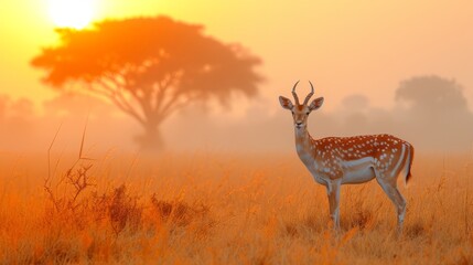   A gazelle stands in a field of tall grass, sun behind, trees in foreground