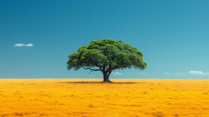   A solitary tree dominates a sea of golden grass, framed by a cerulean sky