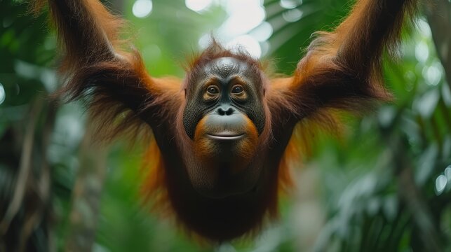   A baby orangutan dangling inverted from a tropical forest tree, gazing at the camera above