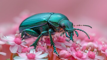 Naklejka premium A tight shot of a green insect on a flower, surrounded by pink and white blooms in the foreground, and a backdrop of similar flowers in the background