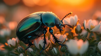   A tight shot of a beetle atop a flower against a backdrop of the sun, with blurred foreground flowers