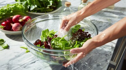 Dynamic action shot of fresh mixed salad being washed in a colander with splashing water, hands in motion on a marble background. - obrazy, fototapety, plakaty