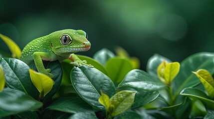 Obraz premium A green gecko atop a lush green plant, surrounded by numerous other leaves