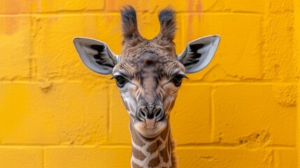   A giraffe's head and neck in sharp focus against a yellow backdrop, bricked wall receding in the distance