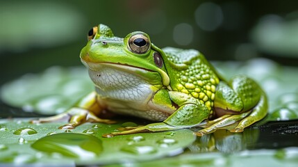 Fototapeta premium A tight shot of a frog atop a wet leaf, speckled with water droplets, against an indistinct backdrop
