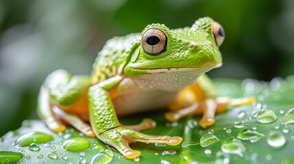 Obraz premium A tight shot of a frog perched on a leaf, adorned with water droplets on its surface, against a softly blurred background