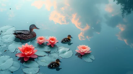 Foto op Canvas   A duck and two ducklings in a pond Lily pads dot the surface, and water lilies bloom beneath Clouds paint the sky in the background © Wall