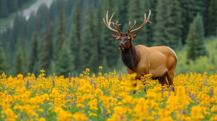   A close-up of a deer in a field of flowers with a mountain in the background
