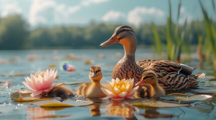  A group of ducks floats atop a tranquil lake Nearby, a lily-covered pond teems with water lilies - obrazy, fototapety, plakaty
