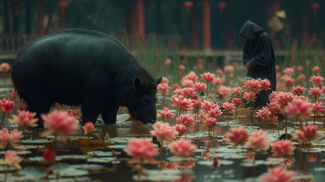   A hippo stands in a pond filled with water lilies Behind it, a man contemplates the tranquil scene