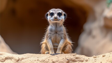Fototapeta premium A meerkat, small in stature, perches atop a sandy knoll Behind it, a cave nestled in the hillside serves as a backdrop