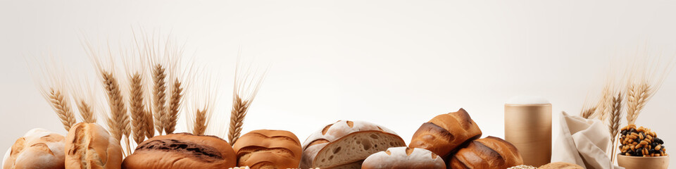 A collection of different types of bread and rolls displayed on a white surface, Various types of bread with large copy space - obrazy, fototapety, plakaty