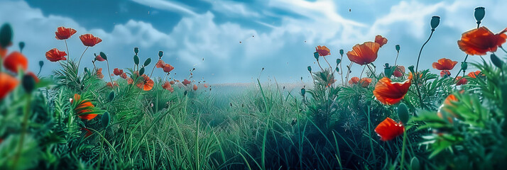 Summer Meadow with Red Poppies and Blue Sky, Reflecting the Beauty of Natural Landscapes - obrazy, fototapety, plakaty