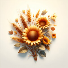 3D flat icon for business as Rustic Charm as A country style bouquet of sunflowers and wheat rendered in warm watercolor tones in watercolor floral theme with isolated white background ,Full depth of 