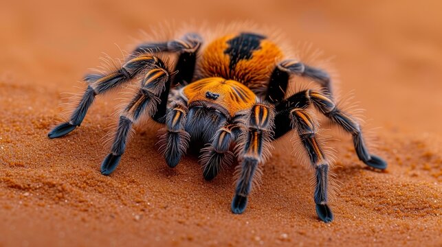   A tight shot of a yellow and black spider on a scarlet sand expanse Its back legs exhibit orange and black striations