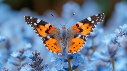 Fototapeta premium A tight shot of a butterfly atop a blue flower, surrounded foreground, backdrop softly blurred