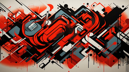 Naklejka premium A graffiti style design featuring bold, abstract shapes and lines in shades of red, black, gray and green. The background is filled with intricate patterns reminiscent of street art