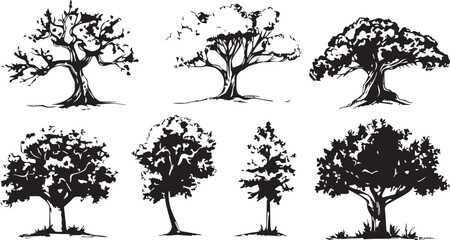 Big set of hand drawn tree sketches on white background - obrazy, fototapety, plakaty