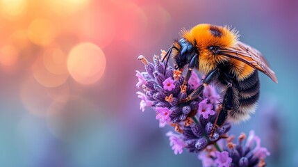   A tight shot of a bee on a purple flower with a softly blurred background of bokeh-effect light - obrazy, fototapety, plakaty