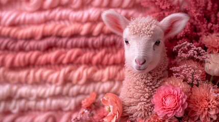   A tight shot of a sheep against a pink backdrop, adorned with flowers Carnations and yarn in soft pink hues