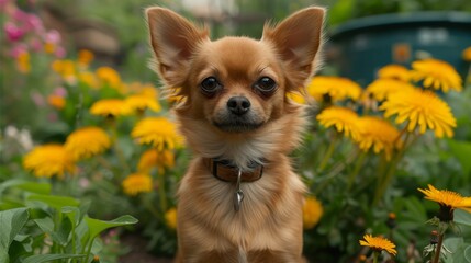   A tight shot of a small dog among a sea of yellow flowers in the field