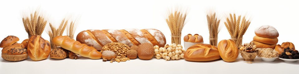 A collection of different types of bread and rolls displayed on a white surface, Various types of bread with large copy space - obrazy, fototapety, plakaty
