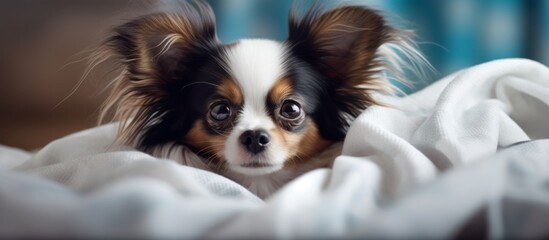 A toy dog, a fawncolored companion breed, is nestled under a blanket on a bed. With its sharp ears and carnivorous nature, it is a loyal working animal used for various tasks by humans