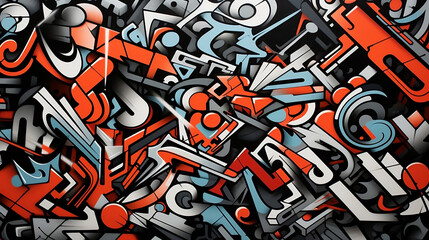 A graffiti style design featuring bold, abstract shapes and lines in shades of red, black, gray and green. The background is filled with intricate patterns reminiscent of street art