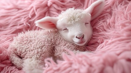   A close-up of a baby sheep on pink fluffy blankets, its head rested on a stuffed animal