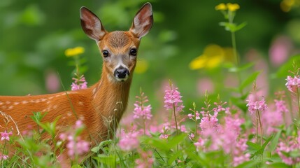   A deceanterally focused image of a deer amongst a meadow of flowers, backdrop softly blurred with grass and rosy blooms