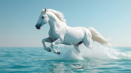   A white horse gallops through crystal-clear water on a sunny day, surrounded by a brilliant blue sky