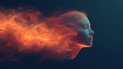   A woman's face emerges against a backdrop of black, surrounded by reddish-orange smoke issuing from her features - obrazy, fototapety, plakaty