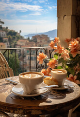 Breakfast in a balcony in a wonderful day. Illustration