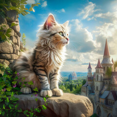 Cute kitten observing the medieval landscape in a beautiful day.