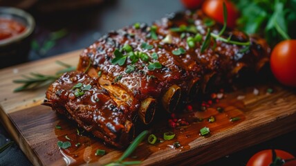 Barbecue pork ribs with savory glaze close-up - Succulent BBQ pork ribs coated in a rich glaze, adorned with fresh herbs, perfect for a hearty meal