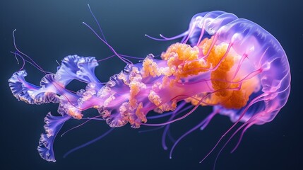   A tight shot of a jellyfish in hues of blue and purple, its center boasting an orange tint, set against a backdrop of black