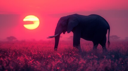   An elephant stands in a field as the sun sets, the foreground filled with a vivid sky - obrazy, fototapety, plakaty