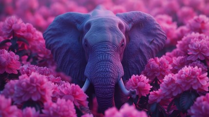   A tight shot of an elephant amongst a flower bed, foreground teeming with pink blooms, background softly depicting an elephant in blur - obrazy, fototapety, plakaty