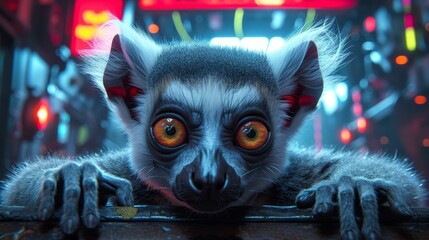   A monkey with large, orange eyes gazes intently over a weathered wooden surface, set against a backdrop of vibrant neon lights - obrazy, fototapety, plakaty