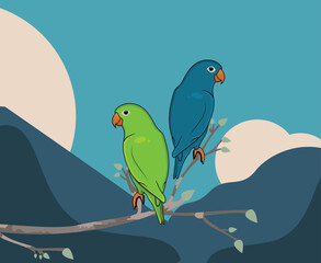 Cute two parrot birds sitting on a tree branch illustration. Parrots on a tree branch with beautiful background.
