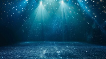 Blue sparkling stage lights with glittery floor - An enchanting image showcasing vibrant blue stage lights casting down onto a glittery, starry performance floor - obrazy, fototapety, plakaty