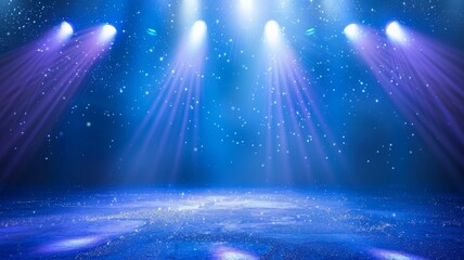 Blue stage lights creating a mesmerizing glow on floor - Image features mesmerizing stage lights with beautiful blue hues casting an enchanting glow and sparkle on the stage floor - obrazy, fototapety, plakaty