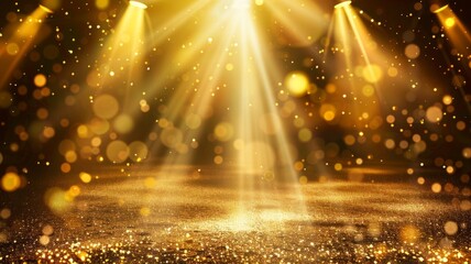 Dazzling golden spotlight with bokeh effects - An alluring golden scene with spotlight beams, bokeh effects, and floating dust suggesting a high-end event or celebration - obrazy, fototapety, plakaty