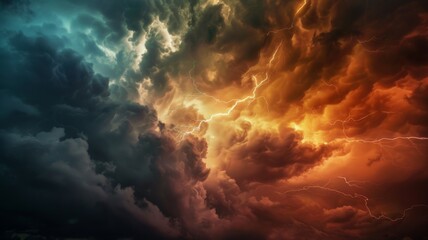 Dramatic sky with lightning strike - A fierce lightning bolt pierces through a tumultuous sky, accentuating the raw power of nature - obrazy, fototapety, plakaty