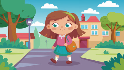 a vector illustration of a little girl going to sc