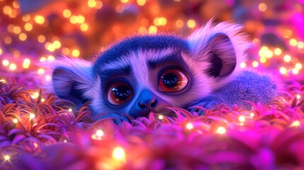 Fototapeta premium A tight shot of a small animal atop a bed of grass, illuminated by lights in the backdrop, with a softly blurred background