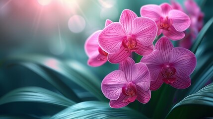   A cluster of pink blooms atop a verdant plant, framed by bright background lights