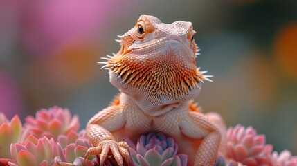 Obraz premium A tight shot of a lizard perched on a plant, featuring pink blossoms in the near view; the background softly fades