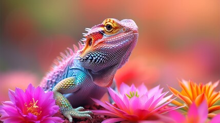   A lizard atop a pink flower Another, green and yellow, sits nearby, also perched on a pink bloom - obrazy, fototapety, plakaty